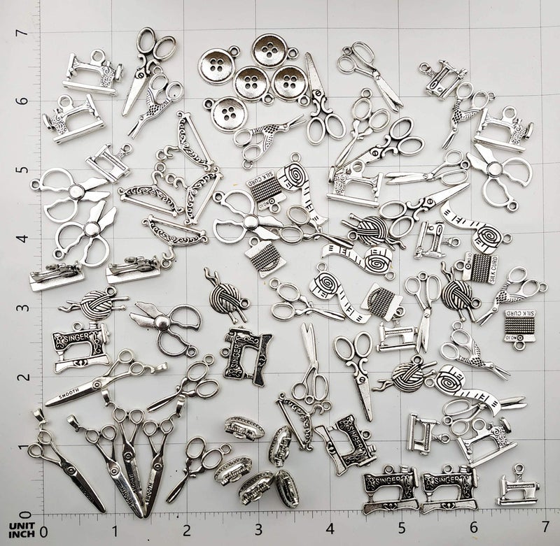 Youdiyla 68 PCS Silver Sewing Charms Collection - Mix Antique Scissor Pipe Yarn Clew Button Pendant Metal Supplies Findings for Jewelry Making (HM3) - Image 2
